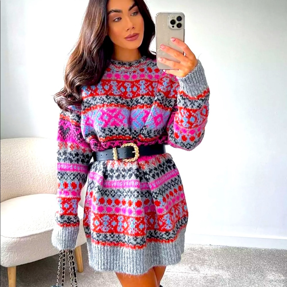 Zara long jacquard sweater knit size L-XL